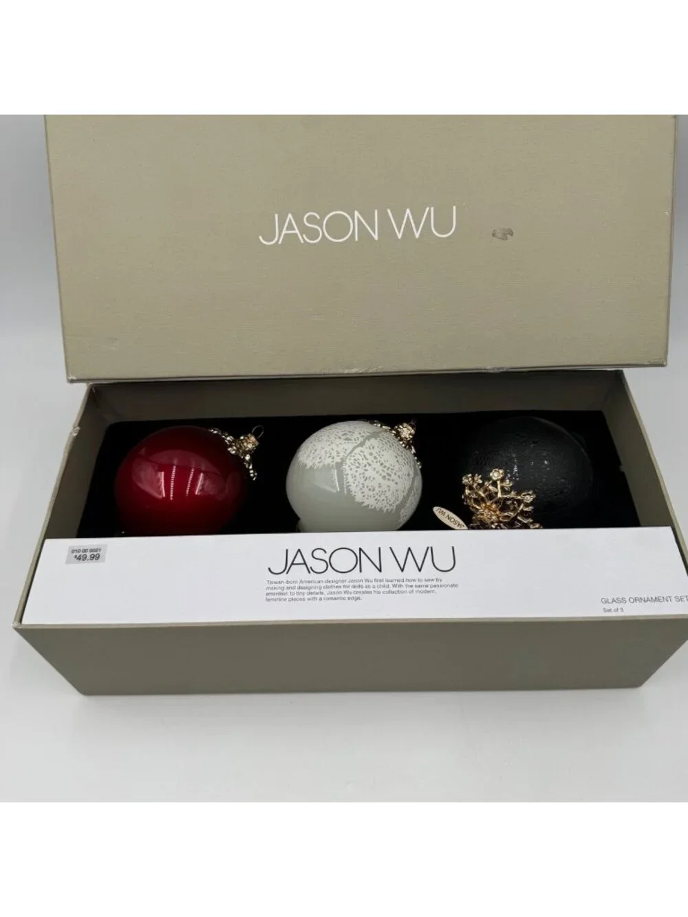 Jason Wu Glass Ornament Set Of 3 Red White Black Gold Accents